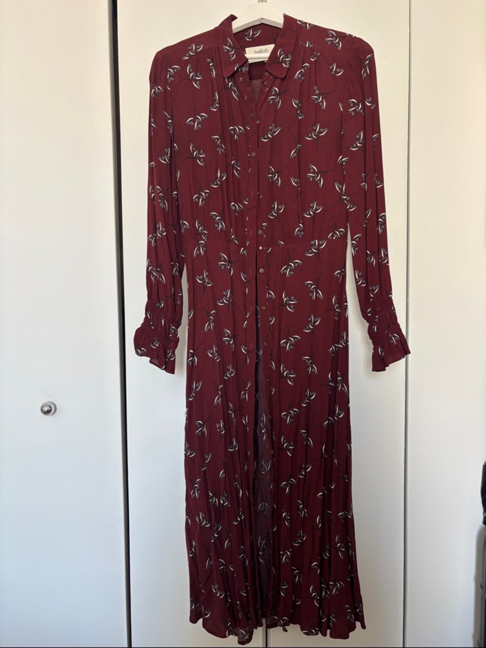 ba&sh Burgundy Floral Button-Front Long Sleeve Midi Dress